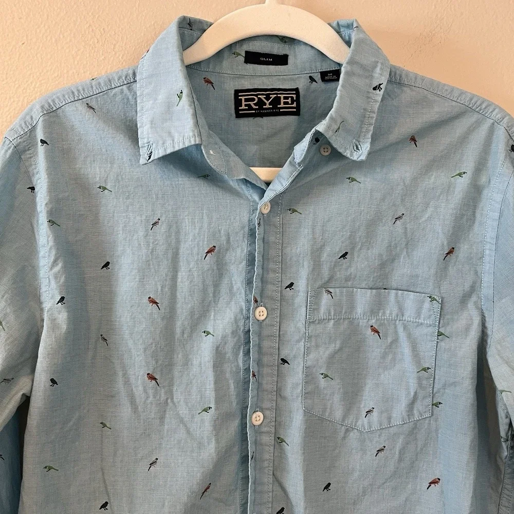 Rye Mens Button Up Shirt Slim M Birds Novelty Print Preppy‎ Classic Office - Picture 5 of 6